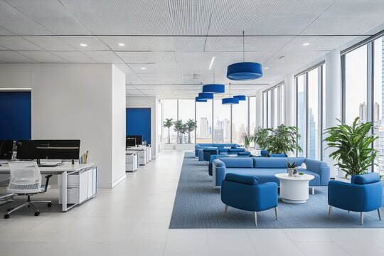 Modern open-concept office space featuring blue seating and natural light overlooking cityscape