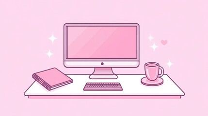 Minimalist illustration of a pink desktop computer with a book, keyboard, and coffee mug on a white desk.