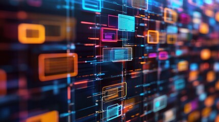 Obraz premium Abstract digital design with colorful lines and shapes, representing data flow and technology.