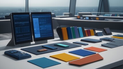 Fototapeta premium Modern office desk with laptops, files and a tablet on a white desk with a cityscape view.