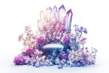 Fototapeta premium A Majestic Crystal Throne Surrounded by Vibrant Floral Arrangements, Emanating a Dreamy, Whimsical Atmosphere Full of Beauty and Harmony
