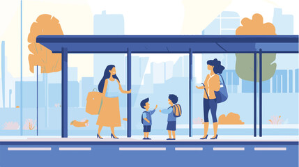 Naklejka premium Father and daughter meeting mother and son at bus stop. Happy family, woman picking child from school flat vector illustration. 