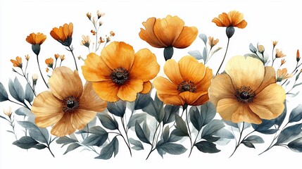 Watercolor painting of yellow and orange flowers with green leaves on a white background.