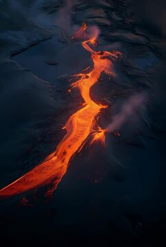 Volcanic eruption process. Closeup texture of flowing hot lava and magma eruption and exploding with smoke. Natural disaster concept. Orange and black crack surface, lava field. Abstract background