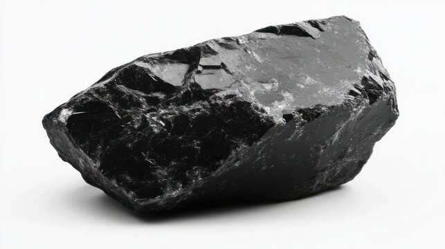 A piece of black rock, likely obsidian, showcasing its glossy surface and angular shape.