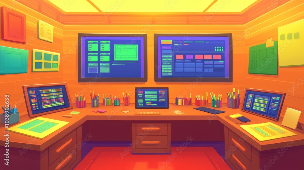Poster orange room with multiple computer screens and desk.