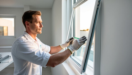 Fototapeta premium the master is engaged in repairing metal-plastic windows in the apartment
