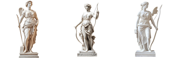 Set of A majestic statue of a woman wearing a crown and holding a sword, isolated on a pristine on transparent background. Ai generated