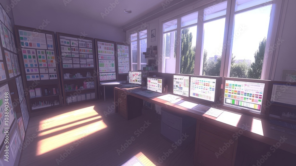 Poster sunbeams illuminate a workspace with multiple computer monitors displaying color palettes, shelves f