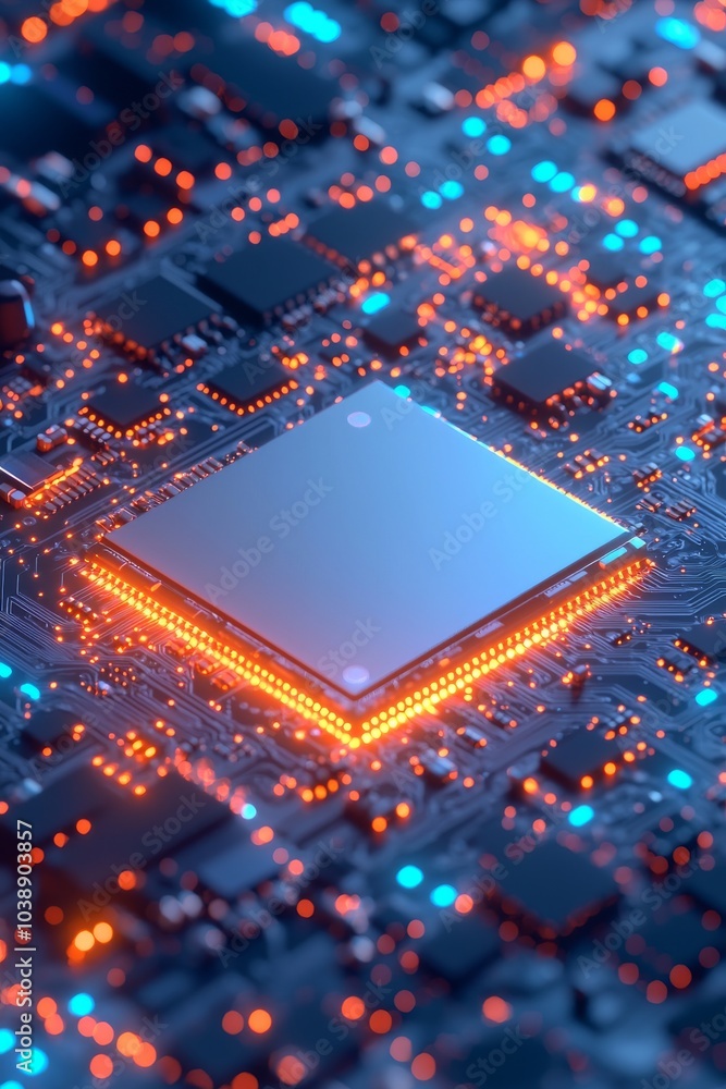 Poster this is a close-up of a circuit board processor with a blue background enhanced with stock photograp