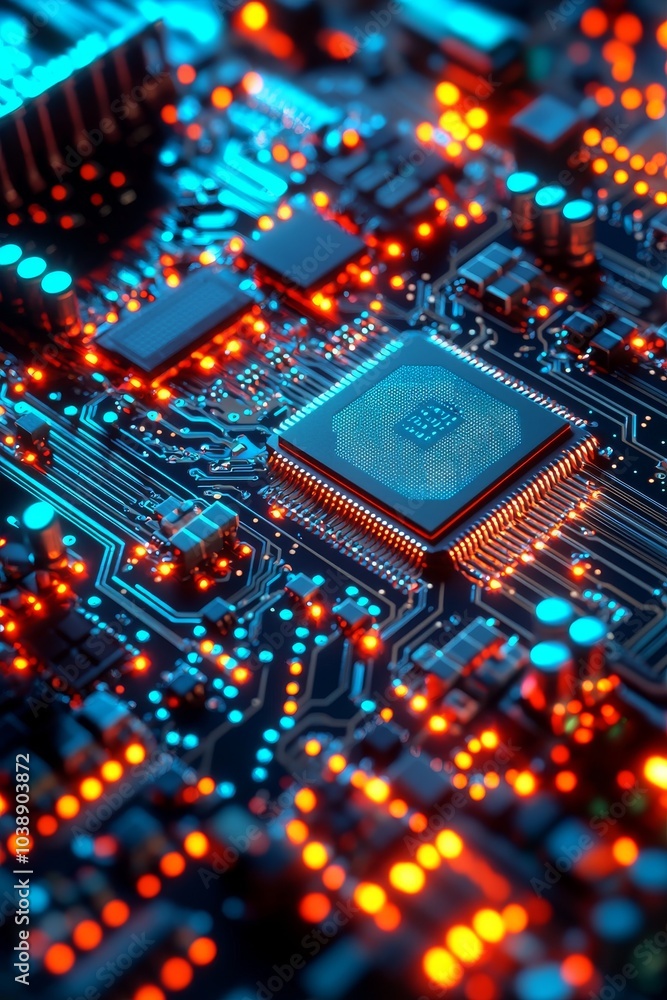 Poster this is a close-up of a circuit board processor on a blue background that has been enhanced using st