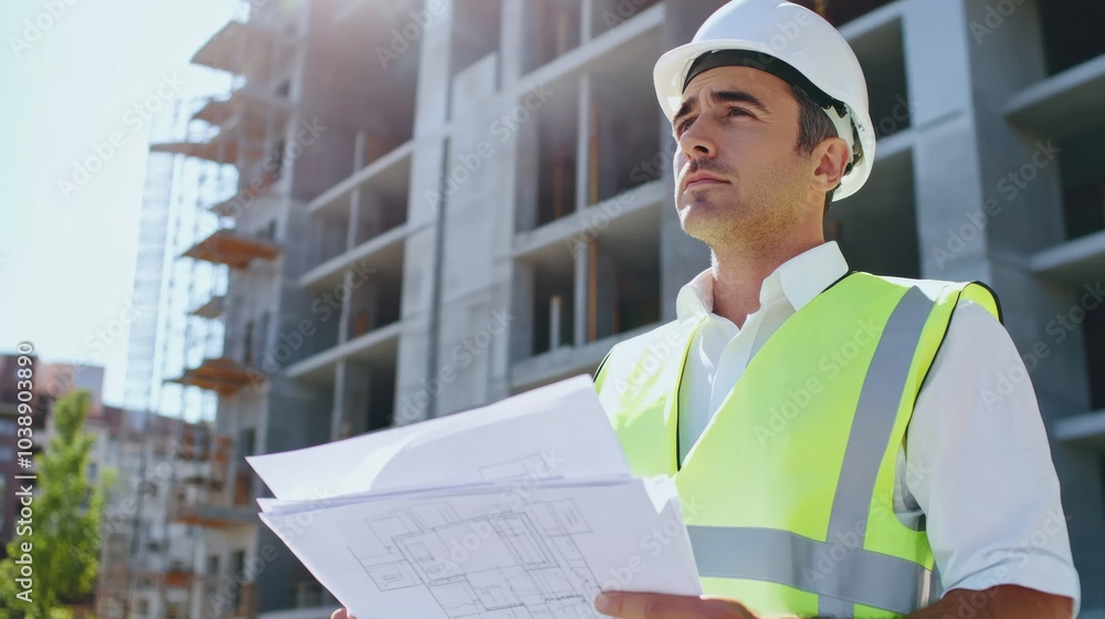 Poster a civil engineer in a white hard hat and reflective vest, holding a set of blueprints, with a partia