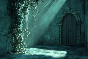 Obraz premium Mystical Sunlit Garden with Old Stone Arch and Climbing Vines