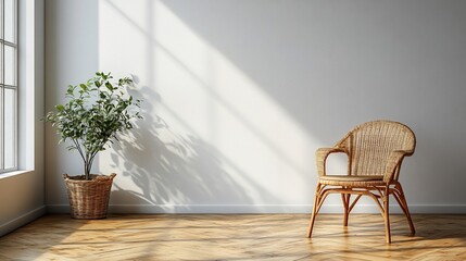 Fototapeta premium A wicker chair sits in a bright living room with a plant in the corner and wooden floors.