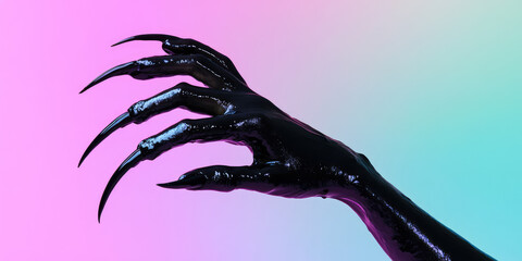 Scary female hands in black slime with long nails on colored background with copy space. Hand of evil, demonic forces, horror
