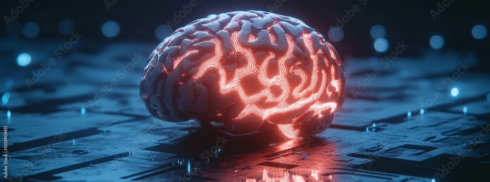 Poster an active human brain on a dark background. a blurry abstract rendering in 3d. future background tec