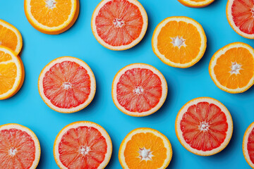 Group of oranges on blue background, vibrant and contrasting colors create a striking visual impact.