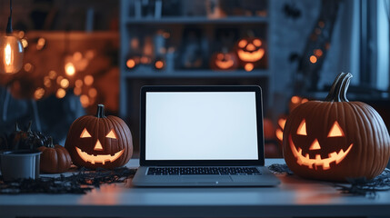 Mockup of laptop with copy space, Halloween theme, Jack-o'-lanterns, pumpkin decorations