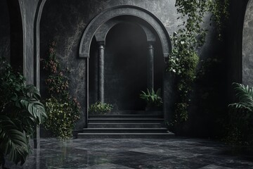 Mystical Archway with Lush Greenery in Dark Marble Setting