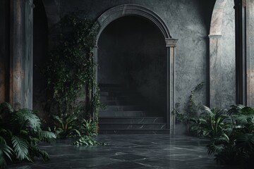 Obraz premium Mystical Stone Archway with Lush Green Foliage and Dark Marble Floor