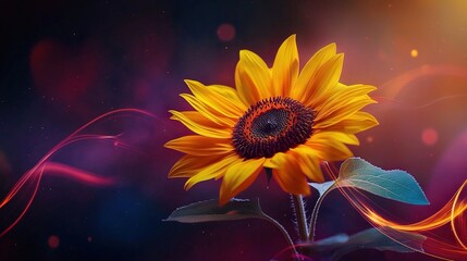   A sunflower with a yellow center surrounded by a red and yellow swirl on a black background