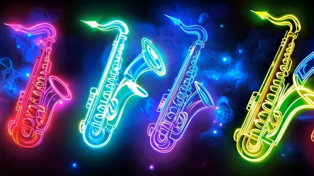 Vibrant glowing neon saxophones on a dark abstract background with colorful lighting. Music concept