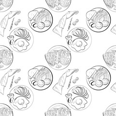 vector seamless pattern line art elements - food, cuisine breakfast plate with eggs, cheese, vegetables and lavash, plate with waffles, fried eggs, towel, spices