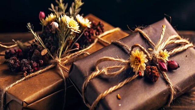 Eco-friendly packaging of chocolate and other gifts, with dried flowers and natural twine for valentines.