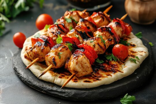 Tasty boneless chicken skewers served in Arabic pita bread