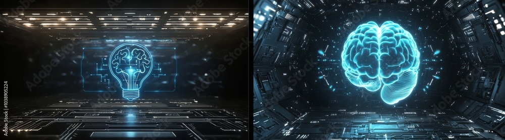 Poster 3d rendering stock (ai), machine learning and neural networks concept. microchip and mainboard of th