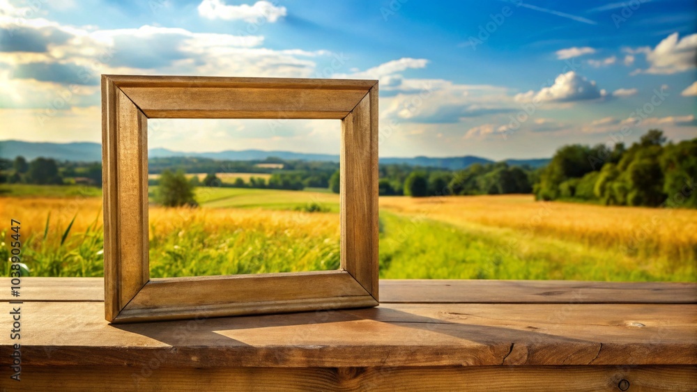 Aufkleber a picture frame is on a wooden table in front of a field