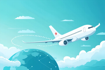 Obraz premium Airplane flying around the Earth with dotted flight path