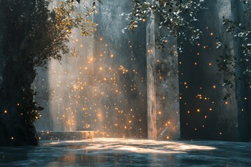 Fototapeta premium Mystical Forest Glade with Glowing Fireflies and Sunlight Rays