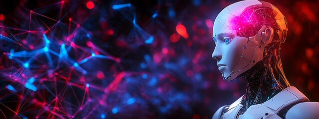 Fototapeta premium 3D humanoid AI robot metaverse cyberspace digital world background, revolution of AI artificial intelligence automated digital technology industry 4.0, artificial intelligence, humanoid concept.