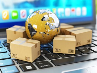 A concept of shipping, delivery, and logistics. An earth box and a cardboard box