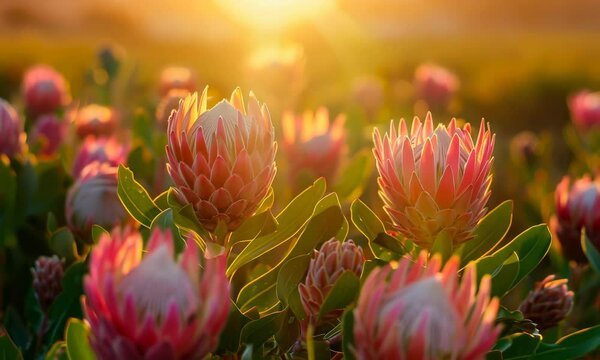 Stunning sunset view over blooming Protea flowers in a vibrant landscape