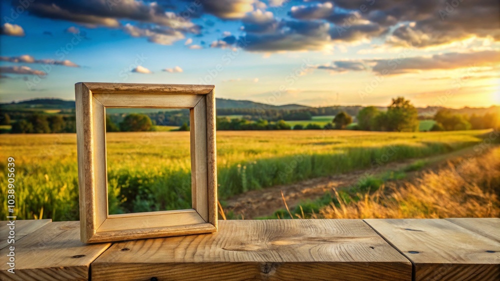 Poster a picture frame is on a wooden table in front of a field