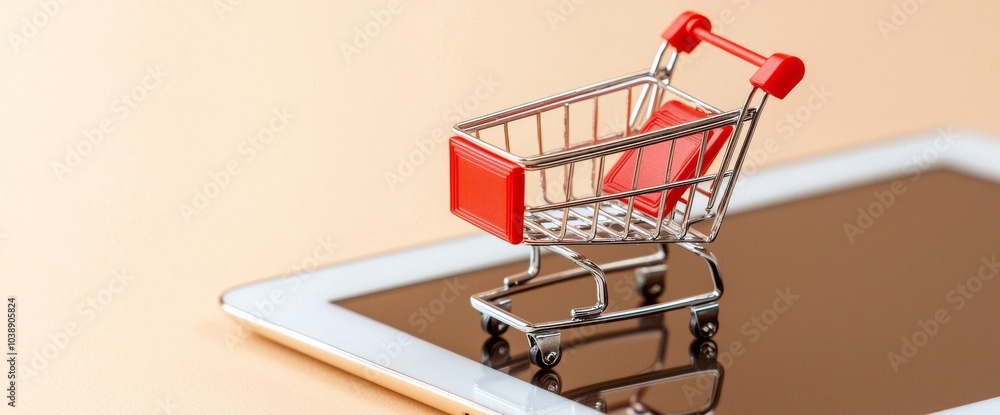 Poster close up of a smartphone or tablet shopping cart on a desk featuring an internet application for com