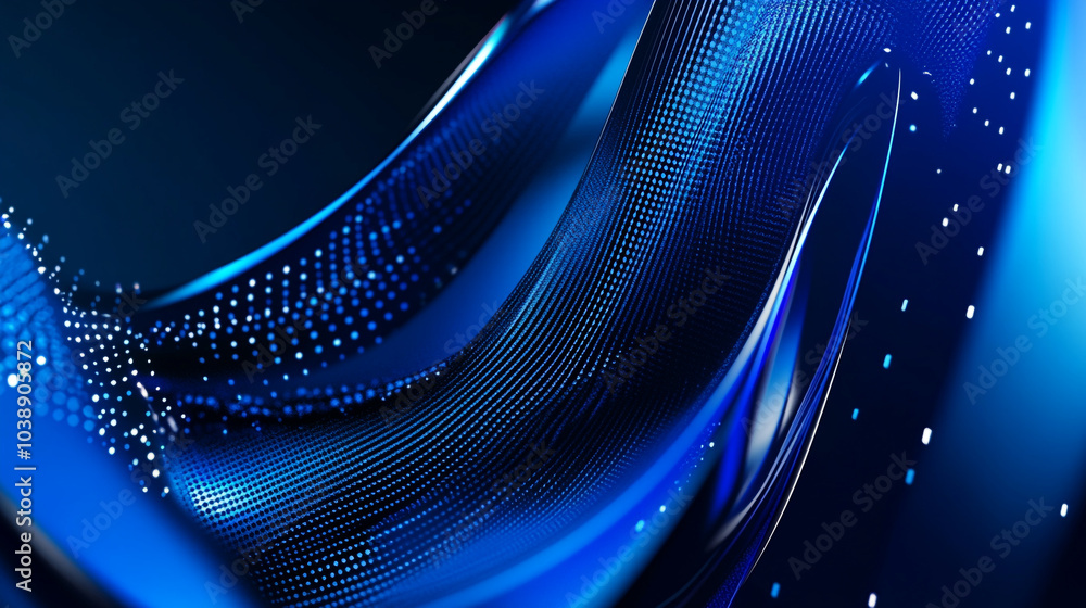 Poster abstract blue wave pattern with glowing dots and smooth surfaces in a digital environment