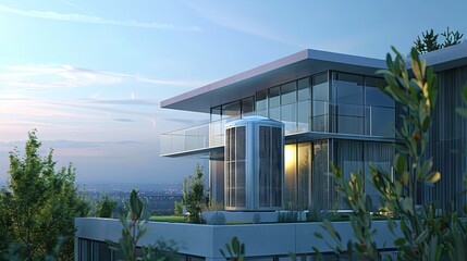 An air source heat pump is installed on the rooftop of a modern building, utilizing natural energy beneath a clear blue sky