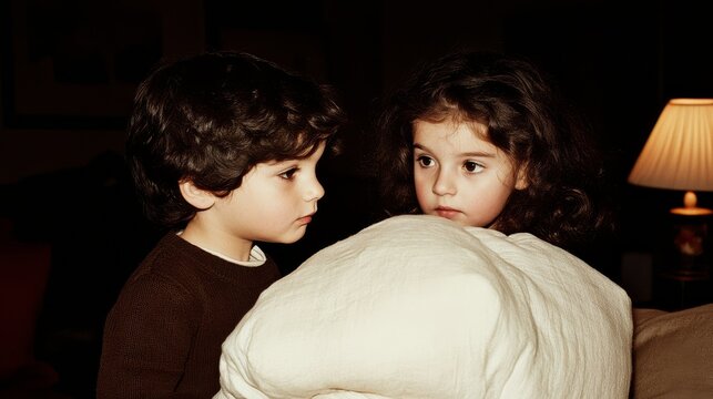 siblings, children building fortress or safety space with pillows and blankets, aka cacoon or den.
