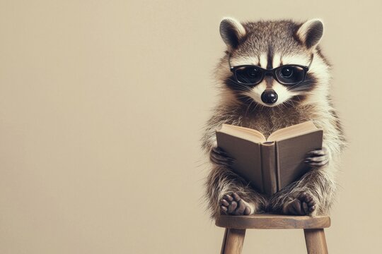 A raccoon wearing glasses and sitting on a stool while reading a book against a neutral background. The image portrays a humorous, quirky concept that blends intelligence and creativity.