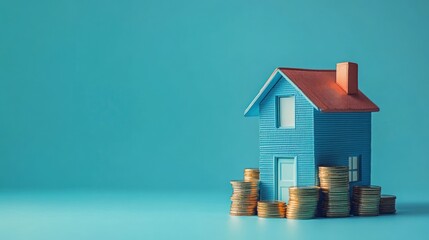 A miniature house surrounded by stacks of coins, symbolizing real estate investment.