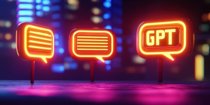 Three glowing speech bubbles with the word gott on them in front of a cityscape at night - Outdoor