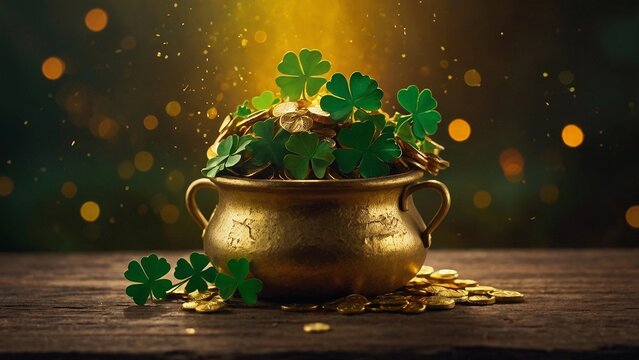  a gold pot with coins and four leaf clovers on a wooden table