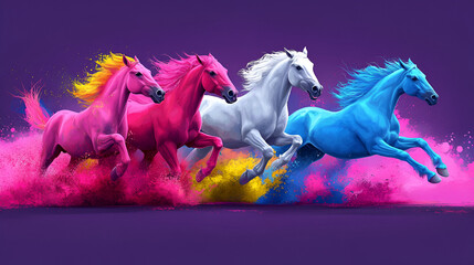 Vibrant horses in motion galloping through colored dust against a purple background during an artistic daytime setting
