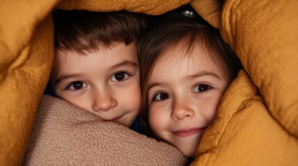 Cuddle up! Two siblings building a fort together from pillows and blankets.