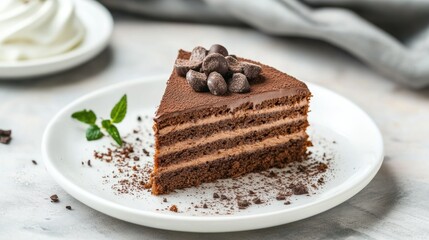 A slice of chocolate cake garnished with chocolate chips and mint on a white plate.