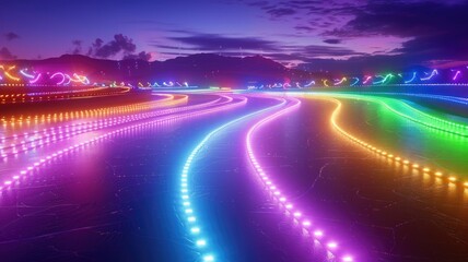 Fototapeta premium Vibrant neon light trails on twilight road for futuristic design