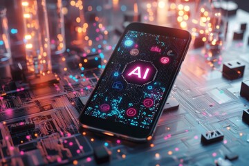 An abstract background technology is displayed in this 3D mockup of mobile technology with the text "AI" on screen.